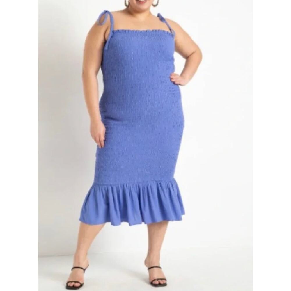 ELOQUII Periwinkle Smocked Midi Dress Tie Strap Ruffle Flounce Size 18 / 20